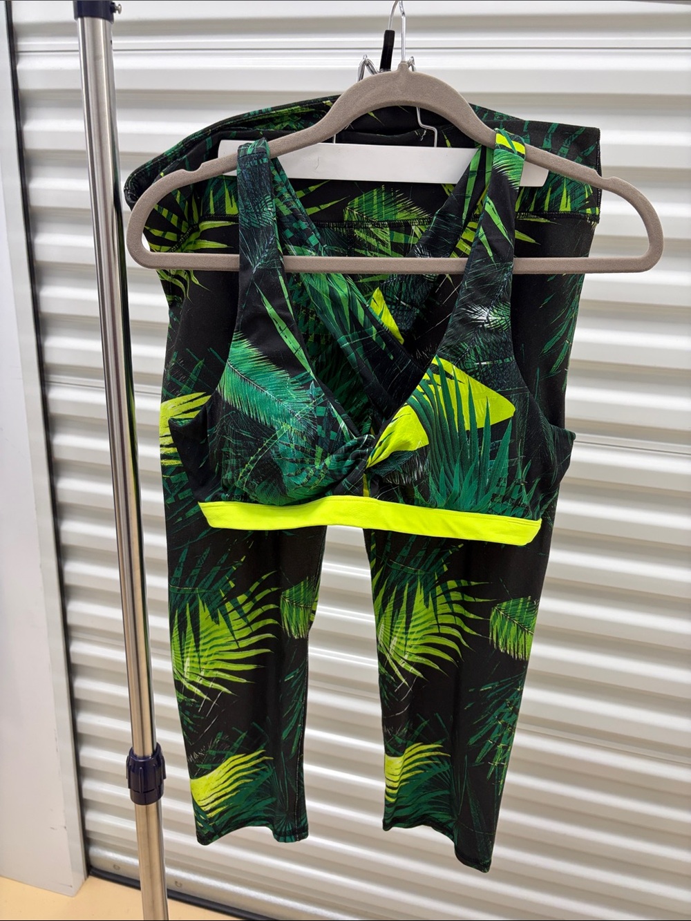 Fabletics Green & Neon Yellow Palm Print Sports Bra and Capri Leggings Set